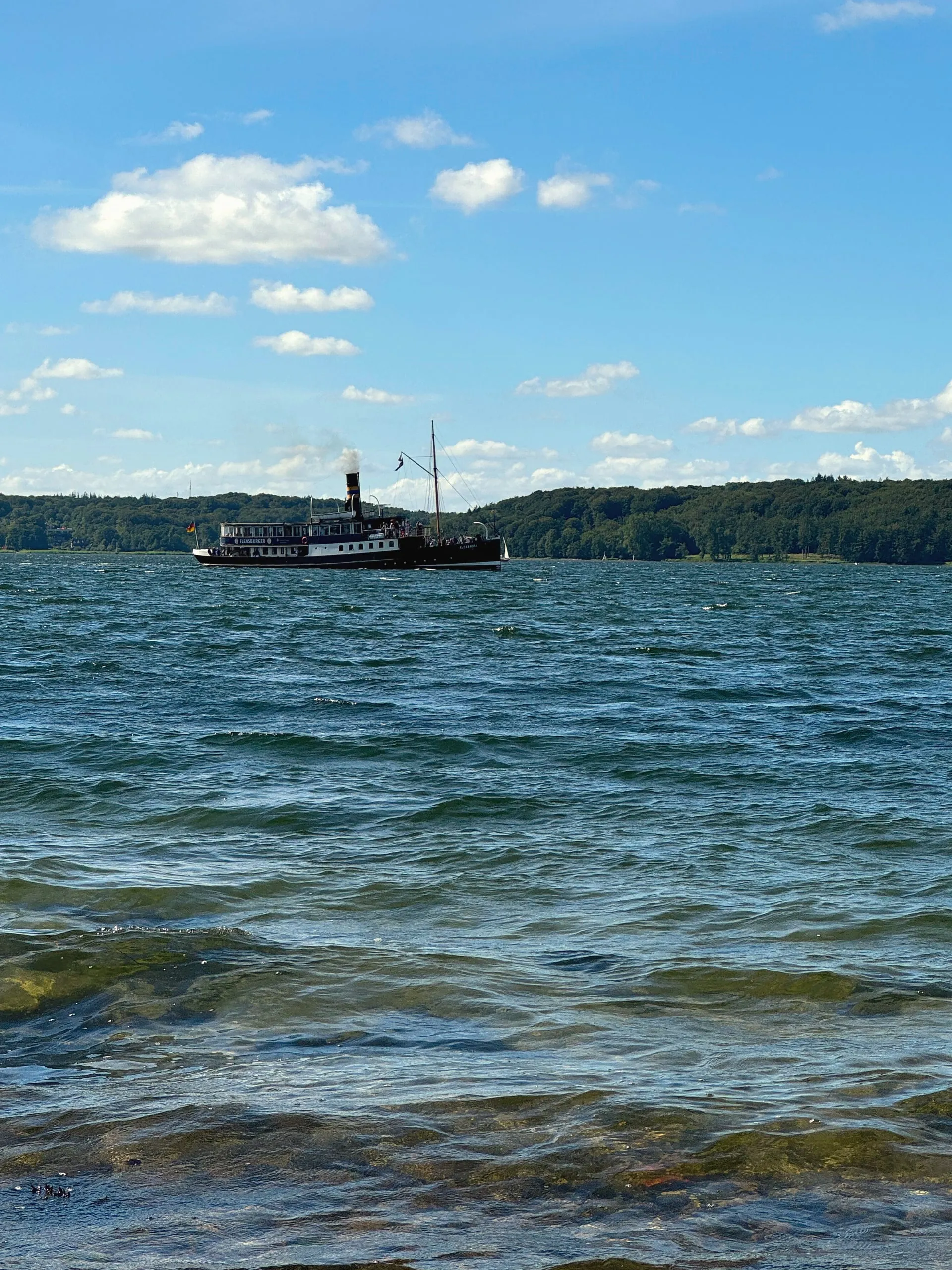 Dampfer auf der Förde unter Sommerwolken
