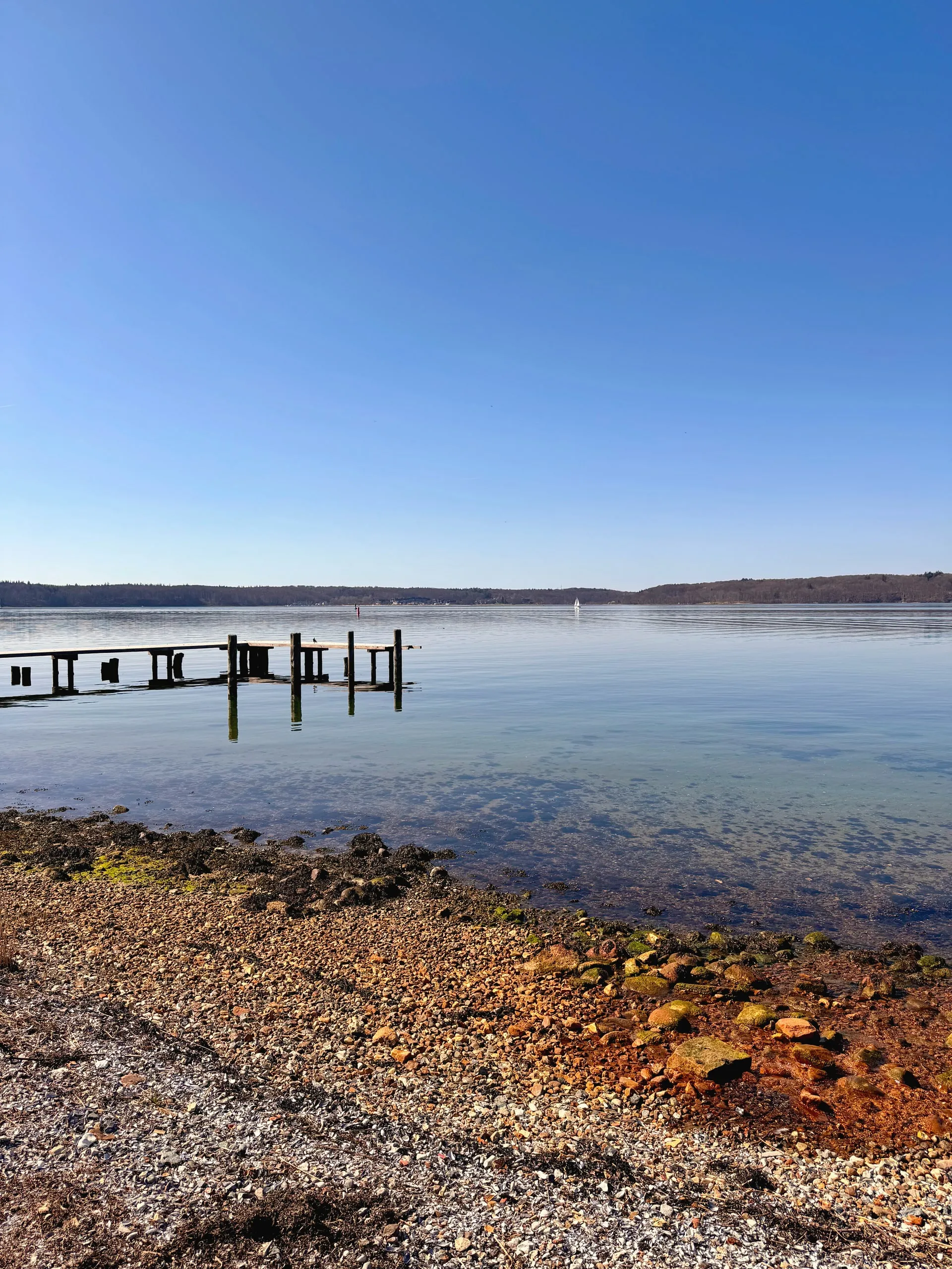 Steinufer mit Steg unter blauem Aprilhimmel